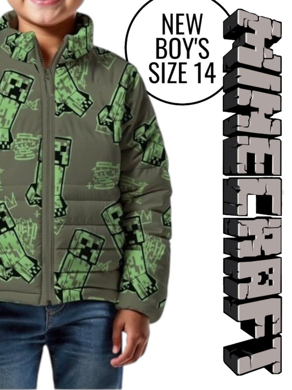 NEW Minecraft Boys Creeper Zip Puffer Jacket Lightweight Size 14 Zippered Size: